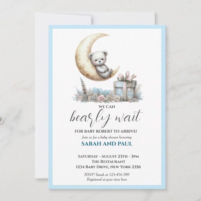 Convite Teddy Blue Bear We Can Bearly Wait  (Frente)