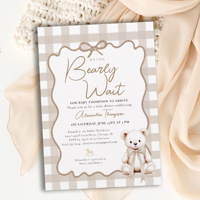 Convite Teddy Neutral Gingham Bearly Wait Bow Baby Shower (bearly wait baby shower invitation neutral gingham modern classic nursery teddy bear bow)