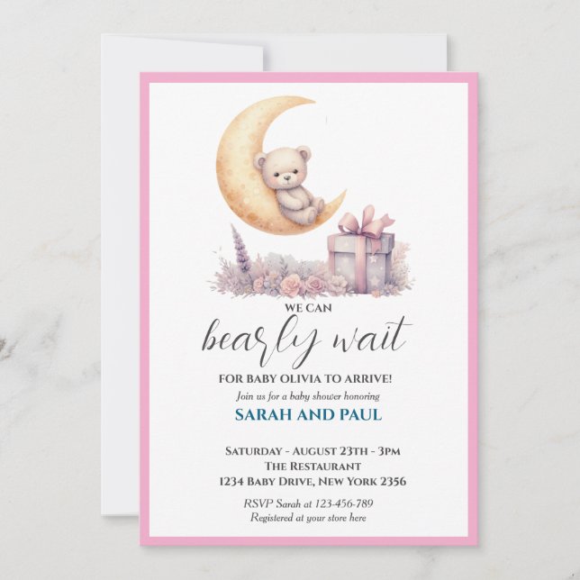 Convite Teddy Pink Bear We Can Bearly Wait  (Frente)