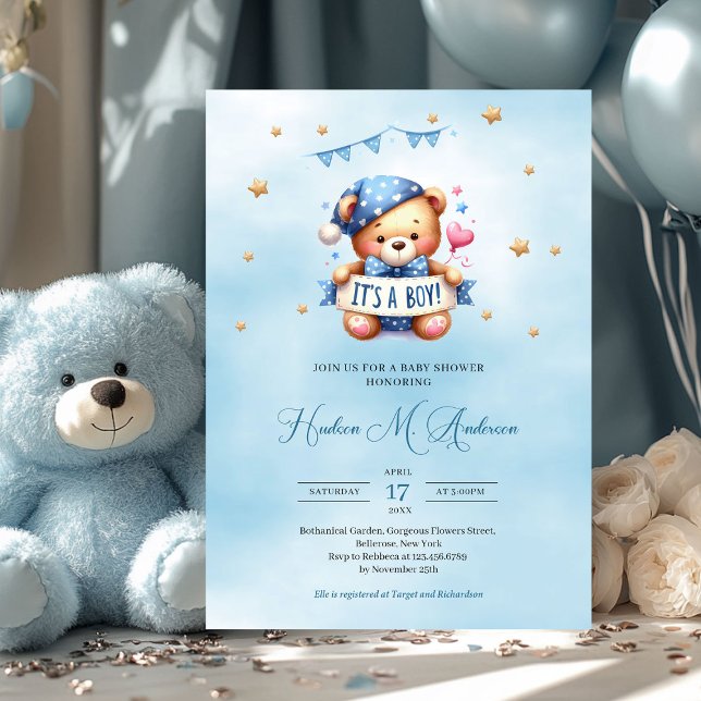 Convite Teddy Urso Trendy, é um chá de fraldas de menino (cute teddy bear holding ribbon it's a boy baby shower invitation)