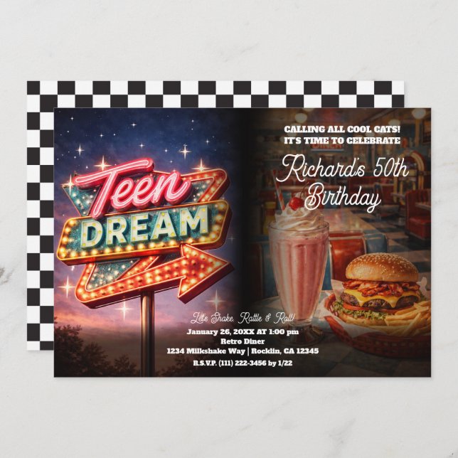 Convite Teen Dream Retro 50's Style Diner Birthday Party (Frente/Verso)