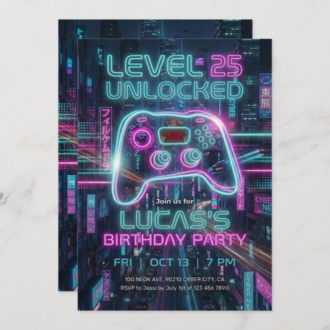 Convite Teen Gamer Birthday Invitation Cyberpunk Game  (Frente/Verso)