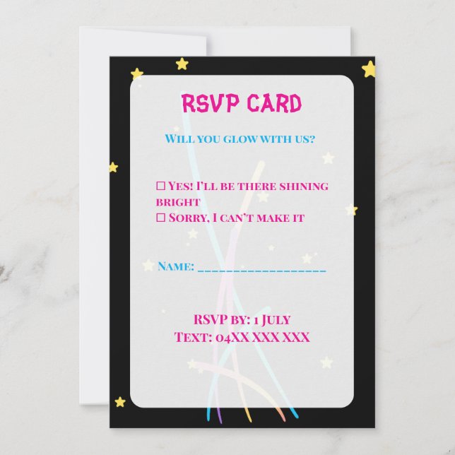 Convite Teen Glow Party RSVP Cards – Neon Nights  (Frente)