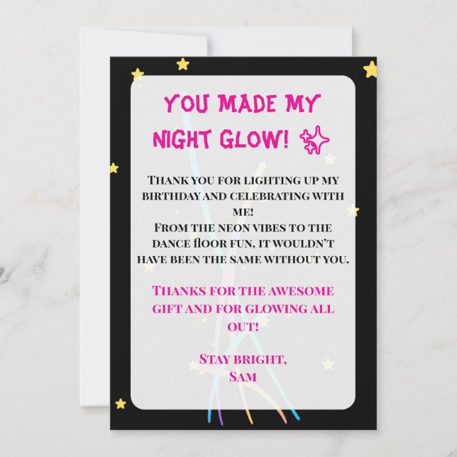 Convite Teen Glow Party Thank You Card – Neon Nights Editi (Frente)