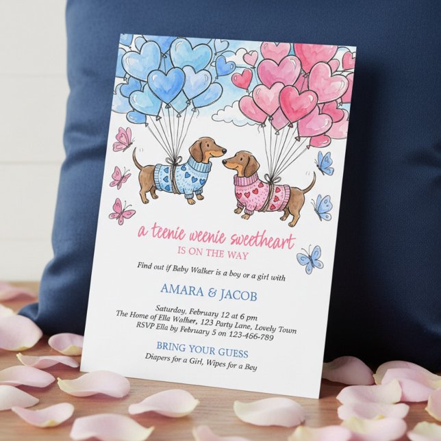 Convite Teenie Weenie Sweetheart Dachshund Gender Reveal (Invitation - Teenie Weenie Sweetheart Dachshund Gender Reveal collection by Darling & May)