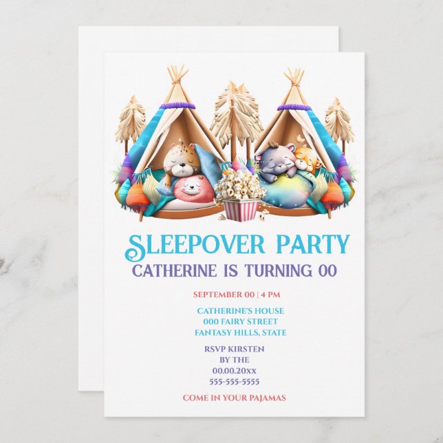 Convite Teepee bicho dormindo pipocas (Frente/Verso)