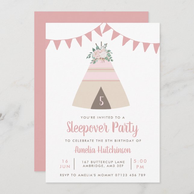 Convite Teepee Slumber Party Girls Rosa Floral Aniversário (Frente/Verso)