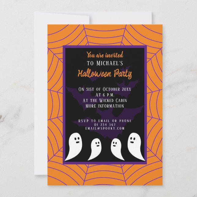 Convite Teia de aranha laranja roxo preto fantasma de Hall (Frente)