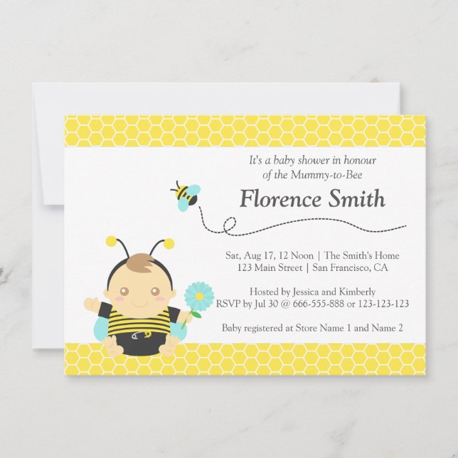 Convite Tema Abelha Bumble Fofa, Chá de Bebê Menino (Frente)