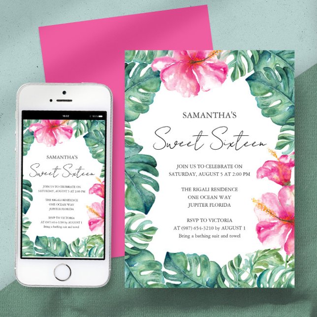 Convite Tema Aloha Tropical festa de aniversário (Birthday party sweet 16 invitation tropical watercolor art and design by Victoria Grigaliunas)