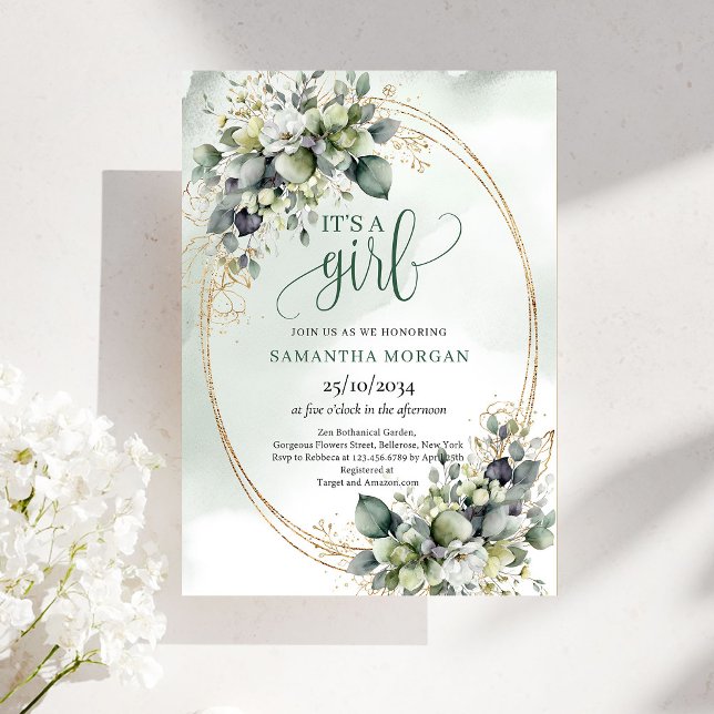 Convite Tema Aquarela Botânica É Uma Menina (Botanical Watercolor Theme It’s A Girl Invitation)