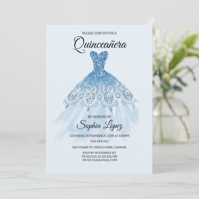 Convite Tema Azul Quinceanera Baby, Mis Quince (Em pé/Frente)