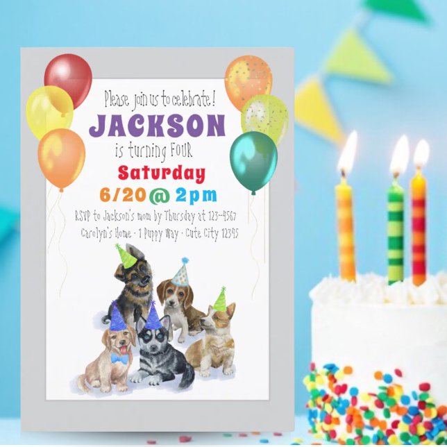 Convite Tema Cachorro Puppy Festa de aniversário Colorida (Puppy Dog Theme Colorful Birthday Party Invitation)