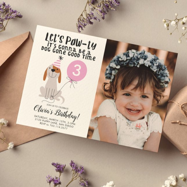 Convite Tema Cachorro Puppy Festa de aniversário Foto Rosa (Criador carregado)