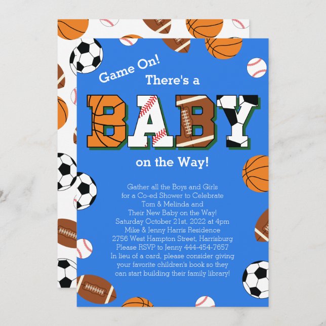 Convite Tema Co-ed do Chá de fraldas desportivo (Frente/Verso)