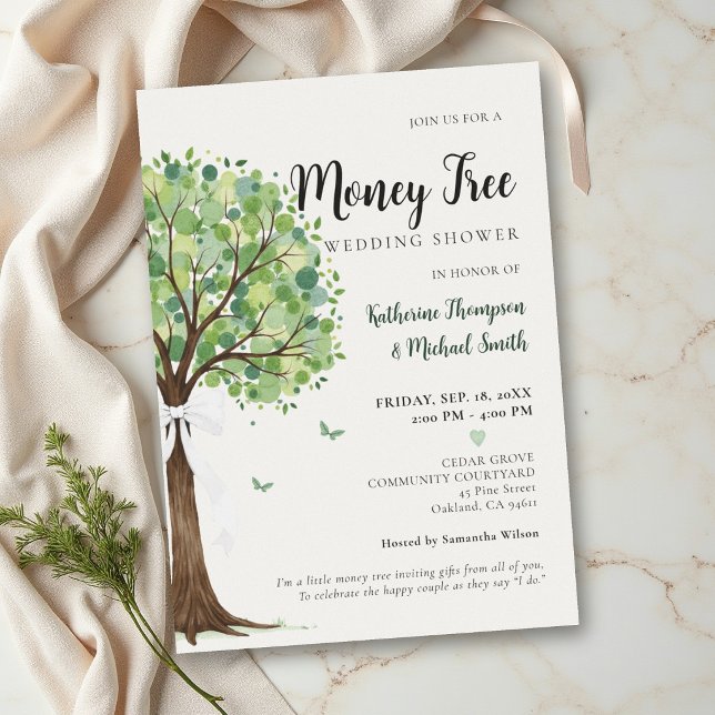 Convite Tema da Árvore do Dinheiro Chá de Noiva Clássico e (money tree wedding couple shower classy modern elegant watercolor bow butterflies)