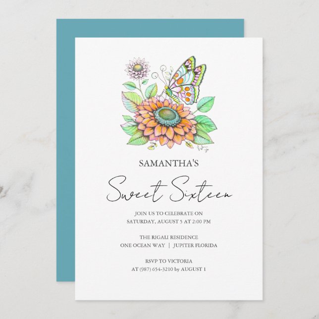 Convite Tema da borboleta de Festa de aniversário Doce 16 (Frente/Verso)
