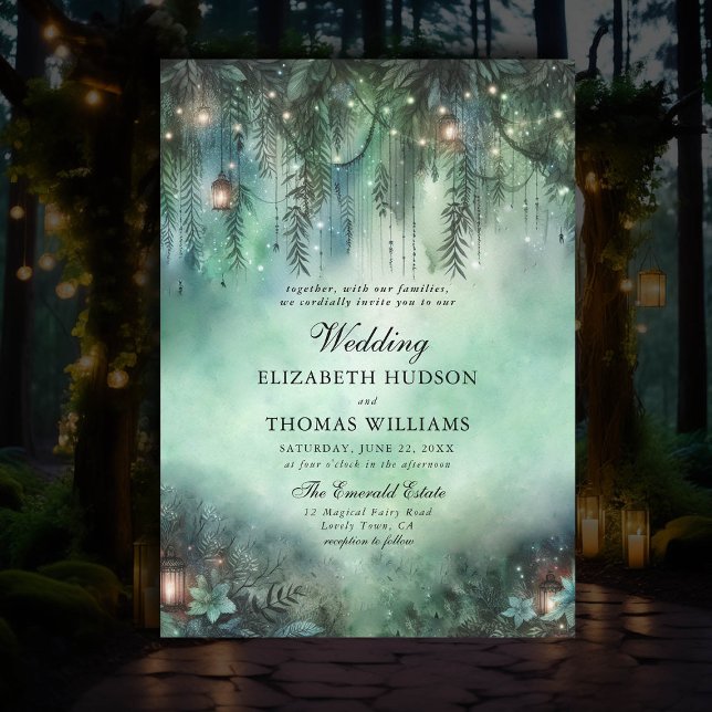 Convite Tema da Floresta Encantada de Casamento de Fairyta (dark fairytale wedding invitation enchanted forest theme emerald green magic fairy lights greenery)