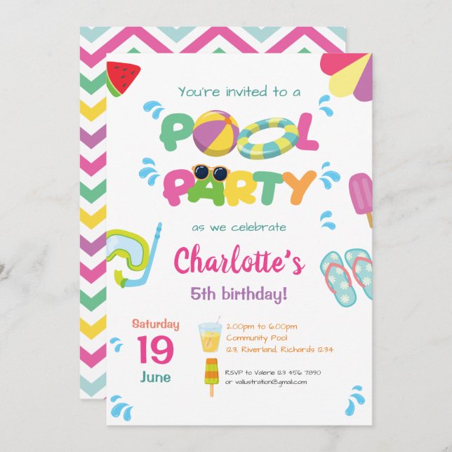 Convite Tema da Parte piscina (Frente/Verso)