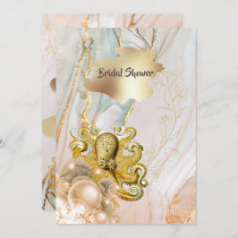 Convite Tema da praia do polvo de espiral de tinta Dourada