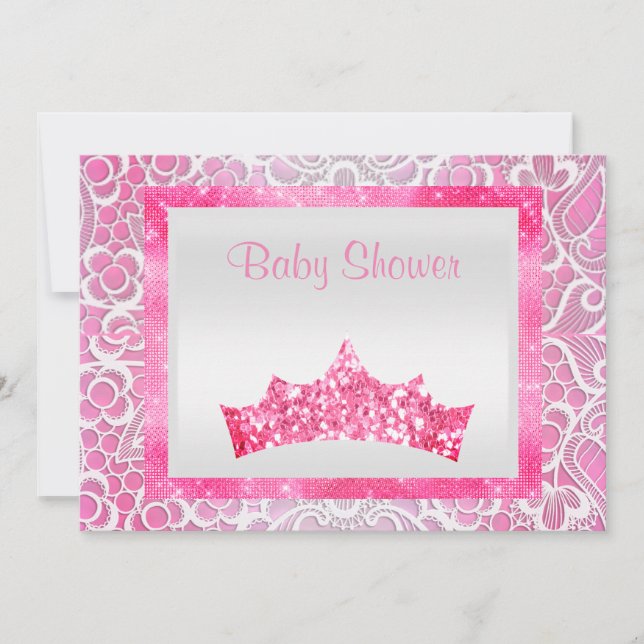 Convite tema da princesa rosa lace tiara bright chá de fra (Frente)