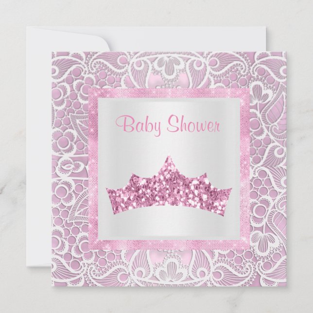 Convite tema da princesa rosa lace tiara chá de fraldas (Frente)