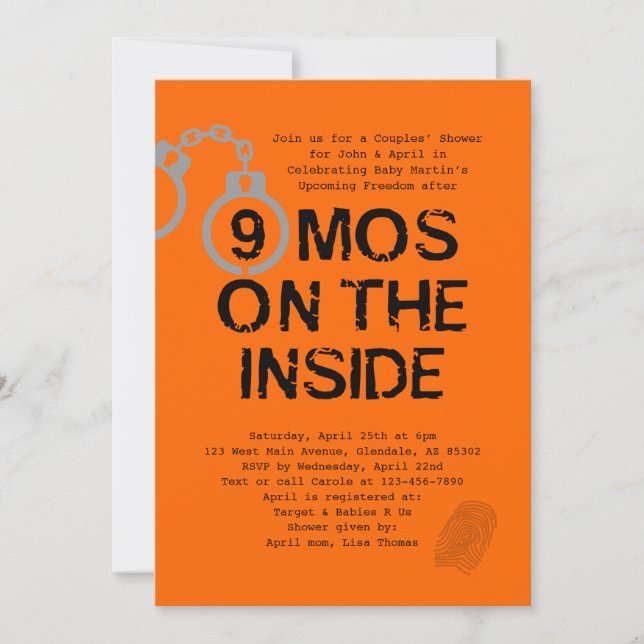 Convite Tema da prisão Chá de fraldas 9 meses no Dentro (Frente)