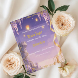 Convite Tema da Rapunzel Quinceañera Roxo Dourado Princesa