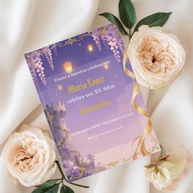 Convite Tema da Rapunzel Quinceañera Roxo Dourado Princesa (Criador carregado)