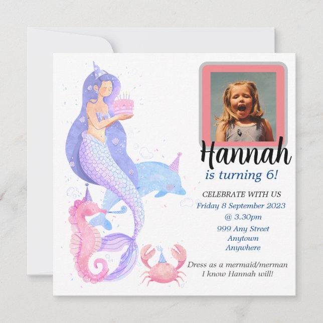 Convite Tema da Sereia da Rapariga de Aniversário (Frente)