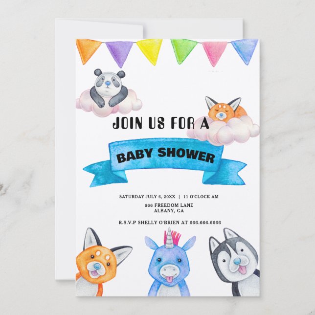 Convite Tema de Animais Bebês Personalizados Chá de Bebê (Frente)