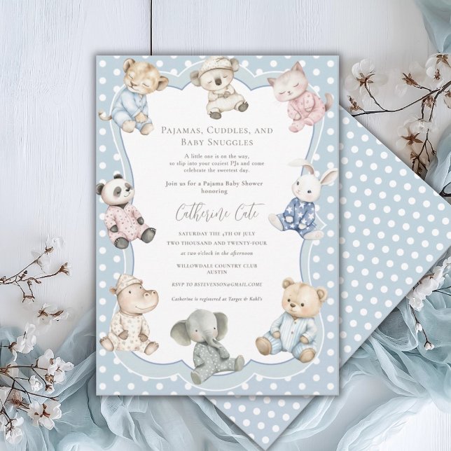 Convite Tema de Animais de Festa de Pijamas Azul para Chás (Criador carregado)