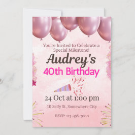 Convite Tema de Aniversário de 40 anos Rosa