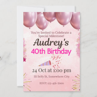 Convite Tema de Aniversário de 40 anos Rosa
