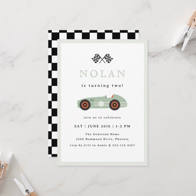 Convite Tema de Aniversário de Carro de Corrida Retro (Frente/Verso In Situ)