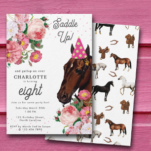 Convite Tema de Aniversário de Cavalo Rosa Floral Garota V