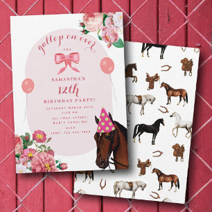 Convite Tema de Aniversário de Cavalo Rosa Floral Menina V