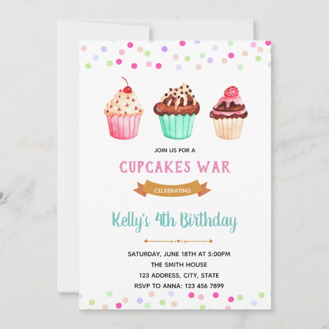 Convite Tema de aniversário de Cupcakes de guerra (Frente)