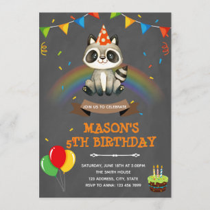 Convite tema de aniversário de guaxinim arco-íris