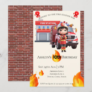 Convite Tema de Aniversário de Menina Bombeira Fofa Kawai