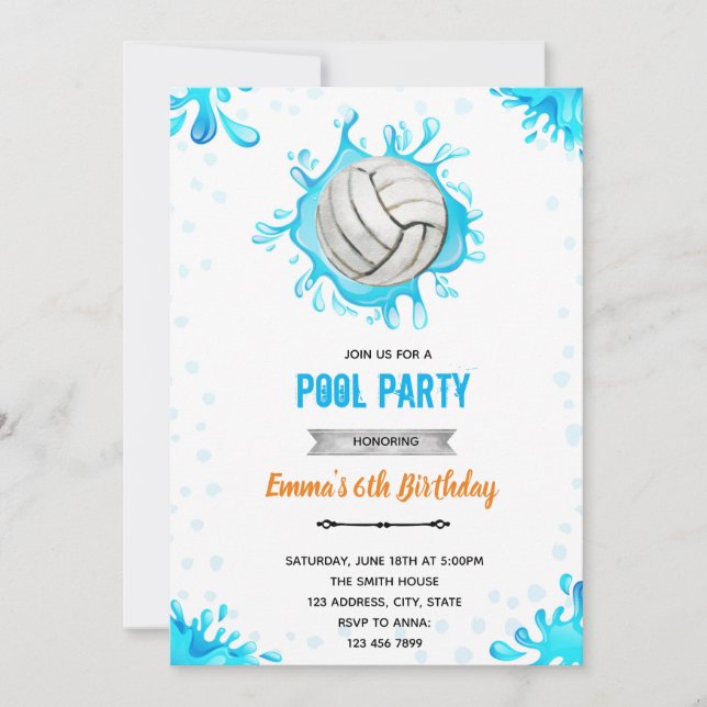 Convite tema de aniversário de piscina de vôlei (Frente)