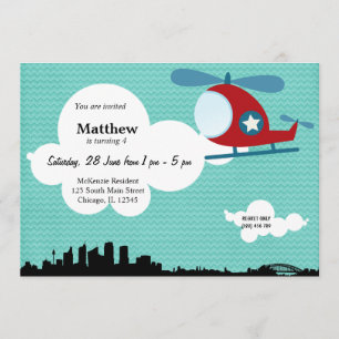 Convite Tema de aniversário do helicóptero (Azul)