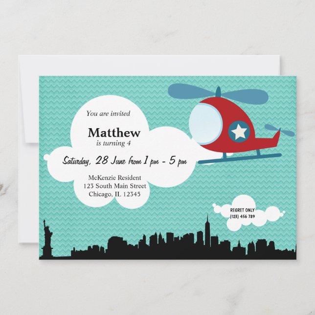 Convite Tema de aniversário do helicóptero (Azul) (Frente)