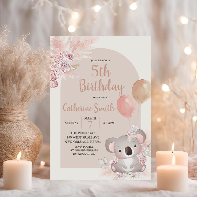 Convite Tema de Aniversário do Menino Koala e Pampas Grass (Criador carregado)