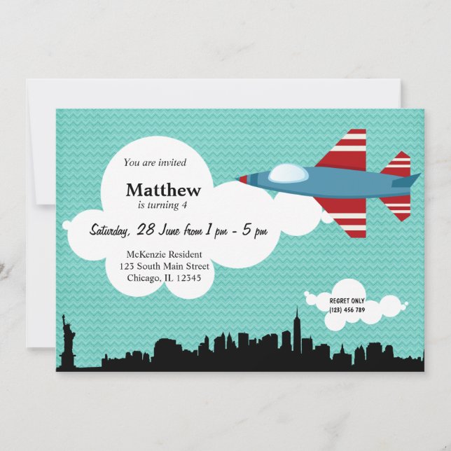 Convite Tema de Aniversário do Plano Jet (Azul) (Frente)