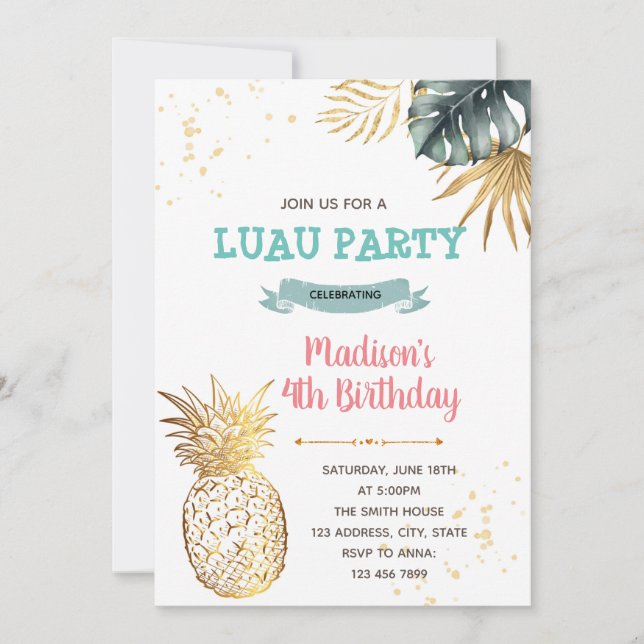 Convite Tema de aniversário luau tropical dourado (Frente)