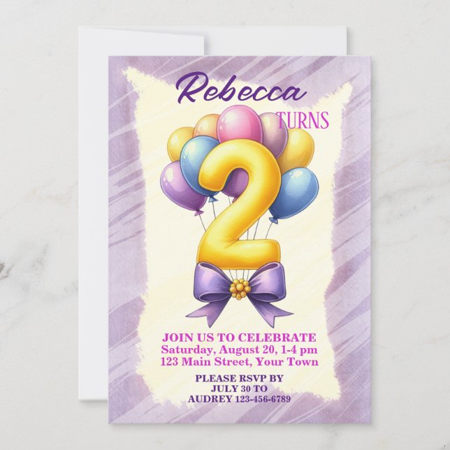 Convite Tema de Balão de Aniversário de 2 Anos (Frente)