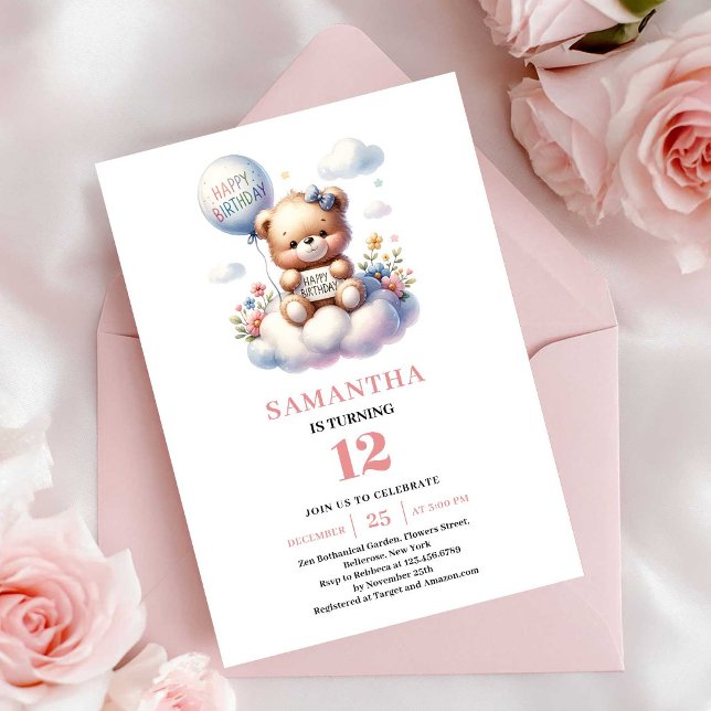 Convite Tema de balão de ursinho fofo para aniversário de  (Sweet teddy bear balloon theme girl birthday invitation

)