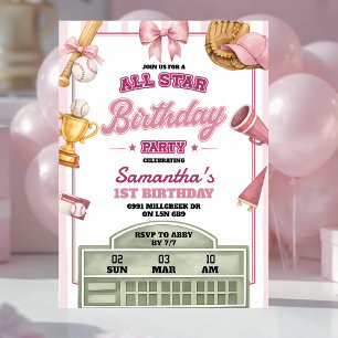 Convite Tema de beisebol rosa roxo para aniversário de All