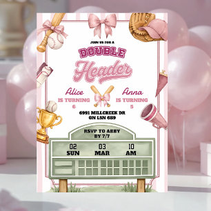 Convite Tema de beisebol rosa roxo para aniversário de dup